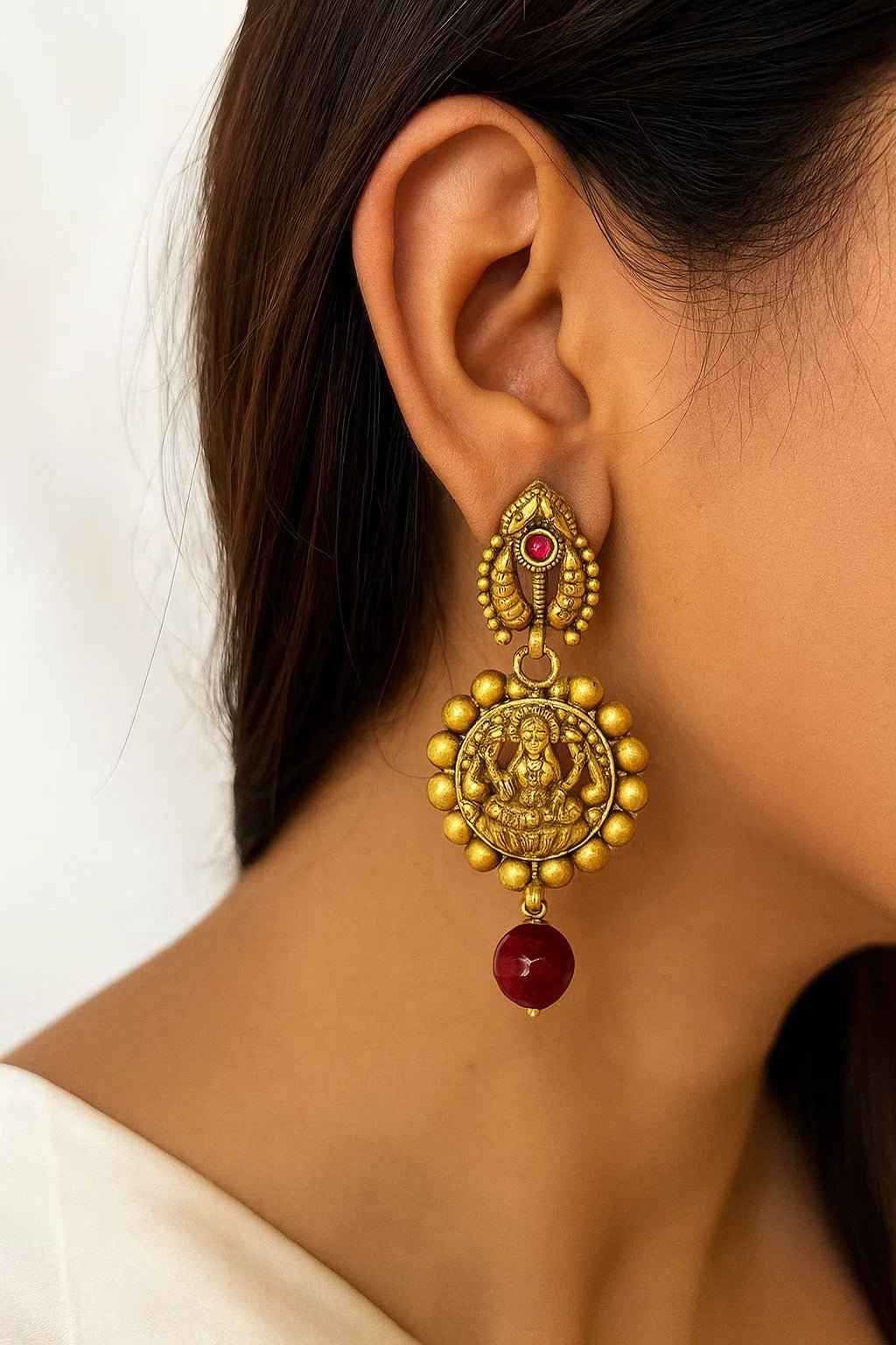 Antique Lakshmi Coin Earrings with Red Stone Drop